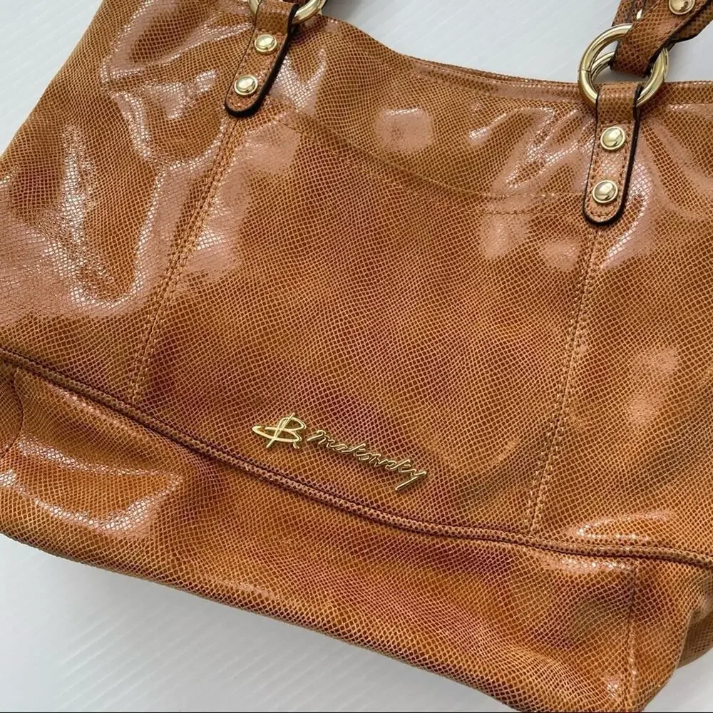 B. makowsky shimmer shimmer leather tote arm bag purse leopard print lining